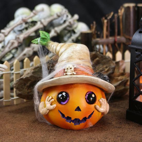 Halloween Pumpkin Ornament Spooky Resin Pumpkin Statue with Hat Spider Skull for Halloween Home Tabletop Decor