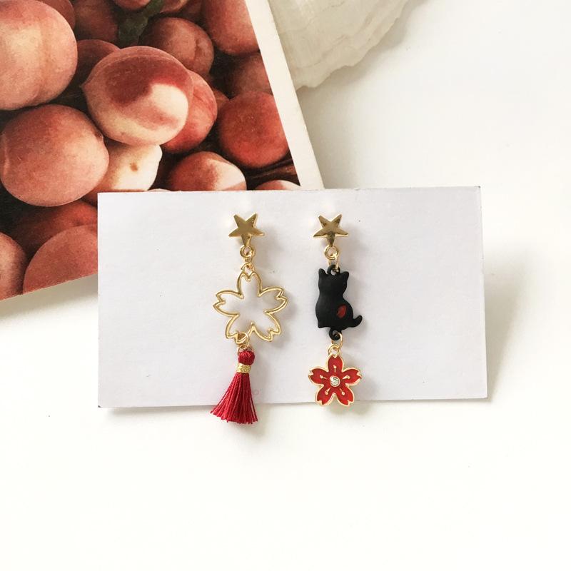 Vintage Chinese Style Flower Fan Earrings for Women Cute Asymmetrical Crane Cat Drop Earring Girls Party Daily Fashion Jewelry