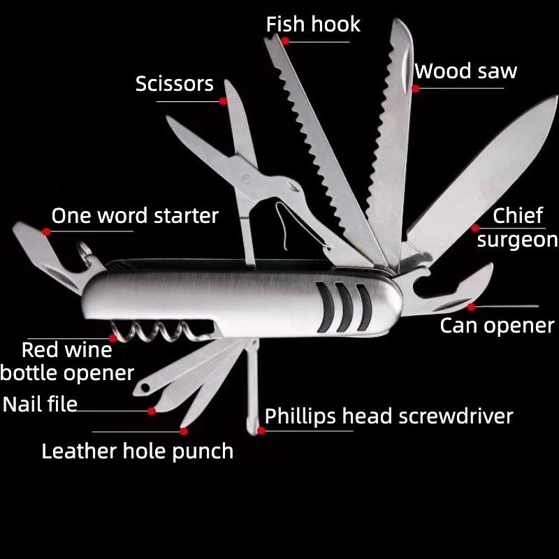 11 In 1 Fold Pocket Knife,Portable Carry Around Multifunction Outdoor Emergency Tools,Stainless Steel Bottle Opener Cork Drill.