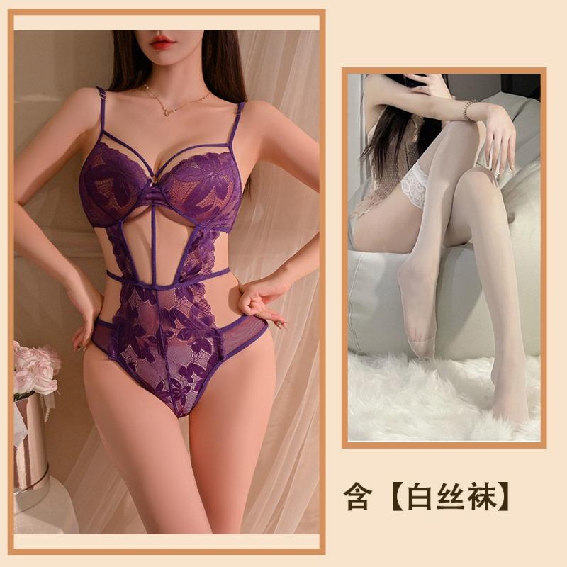 Purple Erotic Underwear, Sexy Lace Hollowed-out Suspenders Show Large Perspective, Free Backless Pajamas, Pure Desire Set