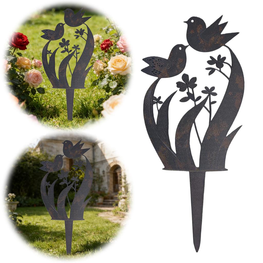 Metal Garden Stake with Bird and Floral Design Flower Bed Decor Plant Stake for Yard Lawn Rustic Garden Art Ornament Decor