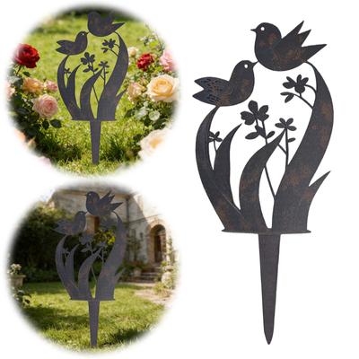 Metal Garden Stake with Bird and Floral Design Flower Bed Decor Plant Stake for Yard Lawn Rustic Garden Art Ornament Decor