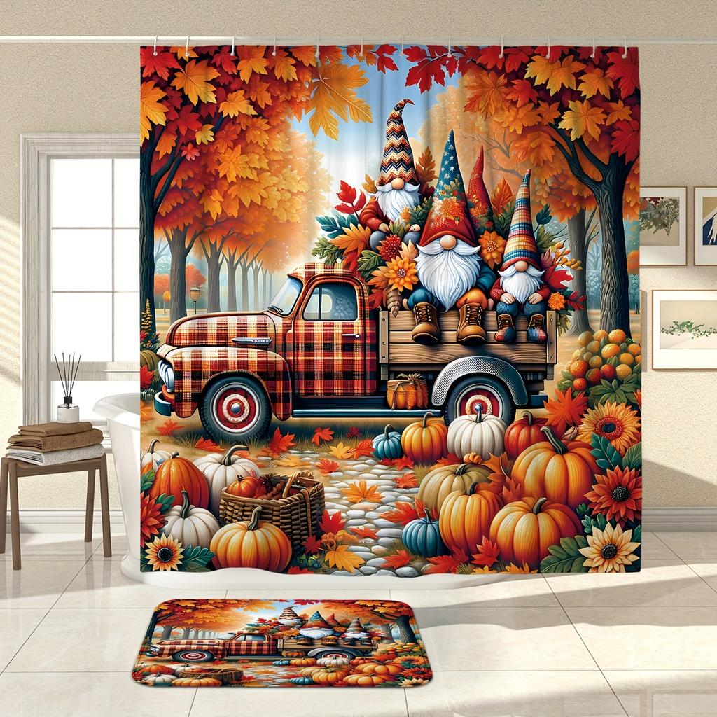 Pumpkin Shower Curtain Set - Includes Shower Curtain & Bath Mat, Non-Slip Rug And U-Shaped Toilet Lid Cover For Bathroom Decor