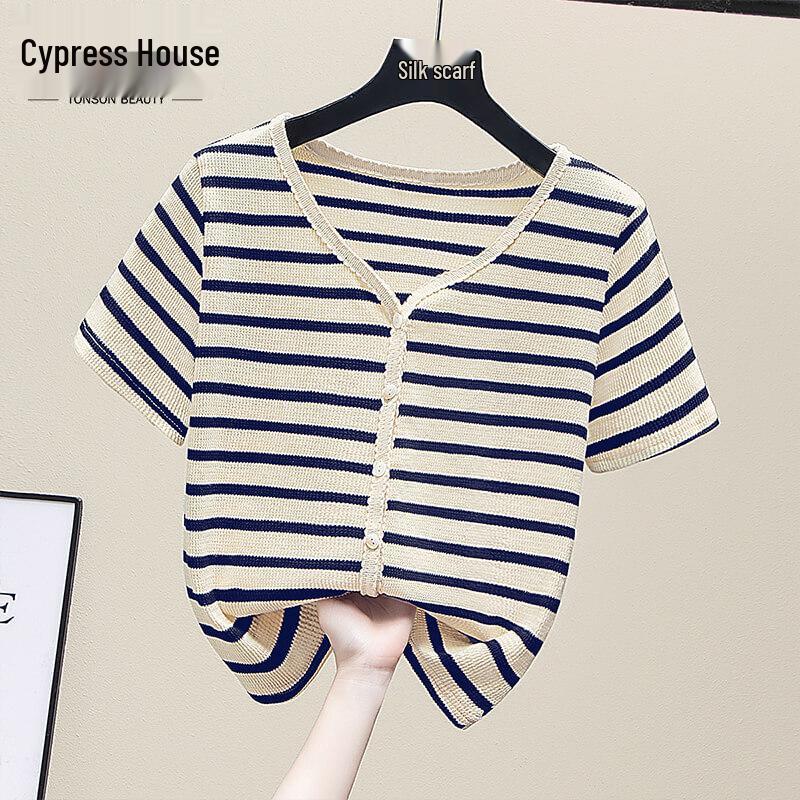 Women s Striped Button-Front V-Neck Short Sleeve T-Shirt XXL