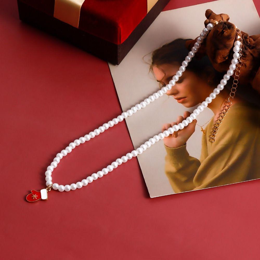 Clavicle Chain Christmas Necklace Santa Cartoon Pendant Choker All-match Pearl Chain  Gift