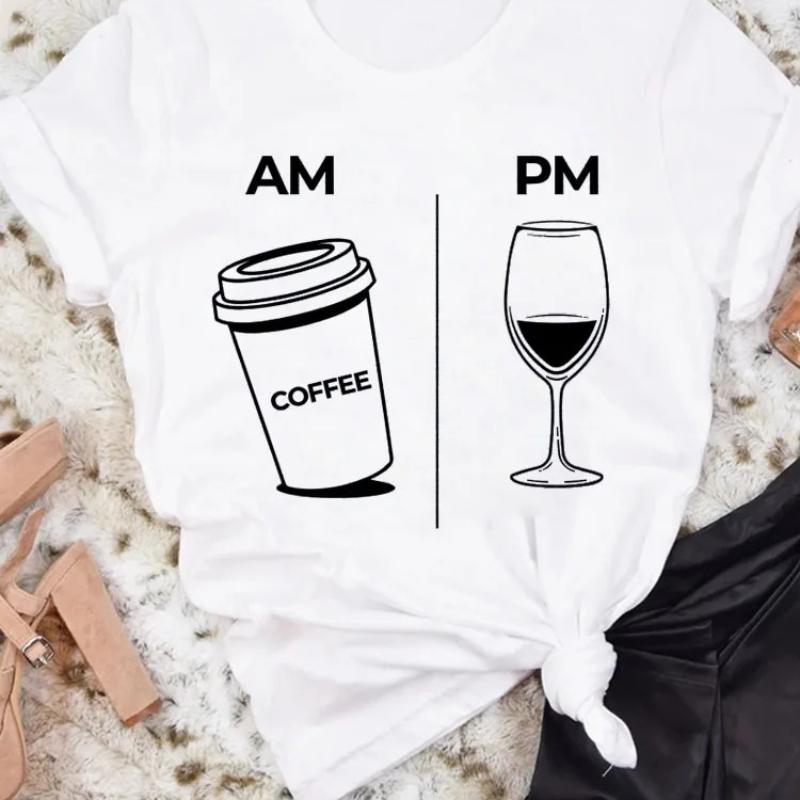 AM Coffee PM Red Wine TShirt Casual Short Sleeve Y2k Tops Womens Clothing Simple Design Fashion Harajuku White Graphic Tees
