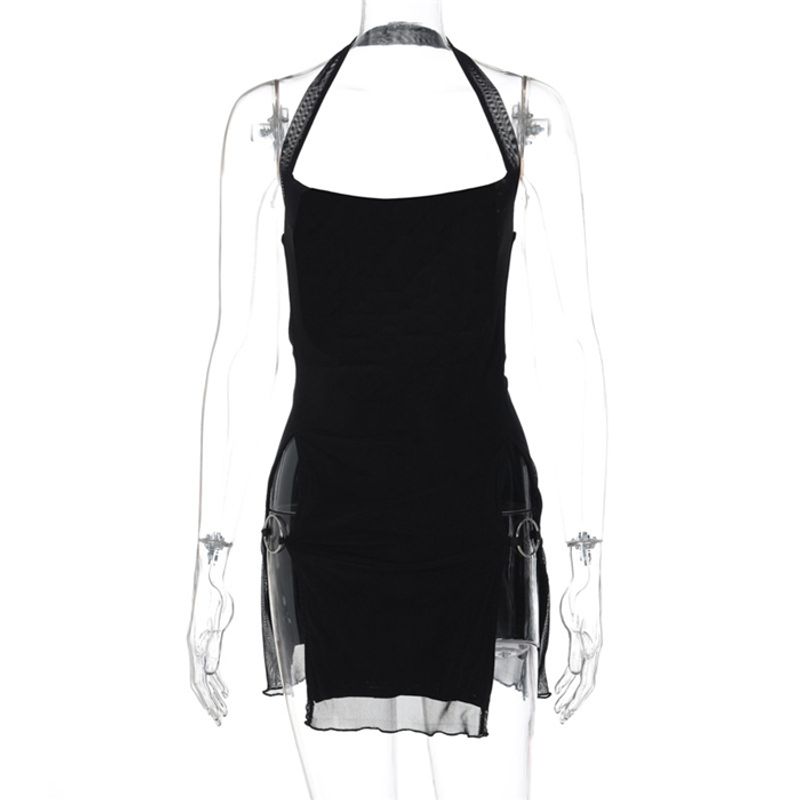 

Export Fashion Sexy Halter Split Mesh See-through Skirt Dress Sexy Slim Mini Dress Black S