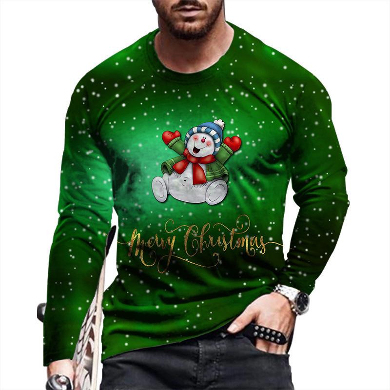 Round Neck 3D Christmas Pattern Top Casual Long Sleeved Men's T-shirts - Soft Medium Stretch Polyester Fabric Spring and Autumn Relaxed Fit Clothing