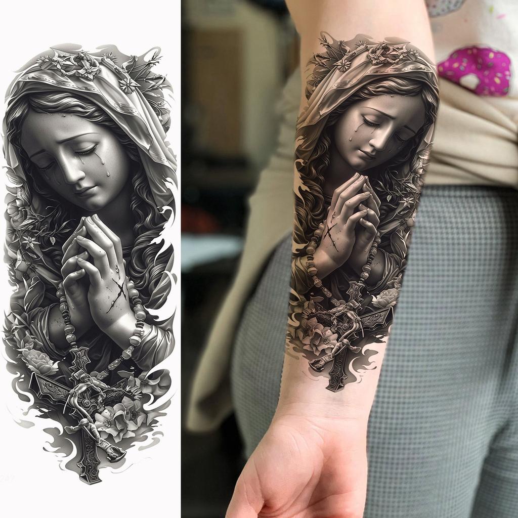 1 Sheet Jesus Pray With Cross Thorn Temporary Tattoos For Men Women Adults, Long Lasting Waterproof 3d Temp Fake Tattoo Sticker