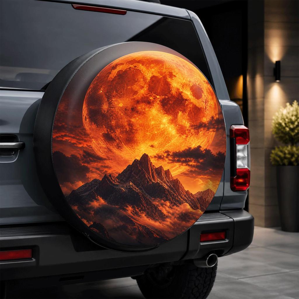 1pc Dreamy Red Moon Mountain Scenery Printed Pattern Car Tire Cover, Stylish Universal Wheel Hub Protector, Spare Tire Protectio