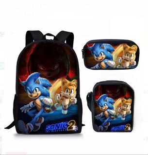 Cartoon Sonic Backpack, Primary And Secondary School Schoolbag, Messenger Bag, Pencil Case Three-Piece Set