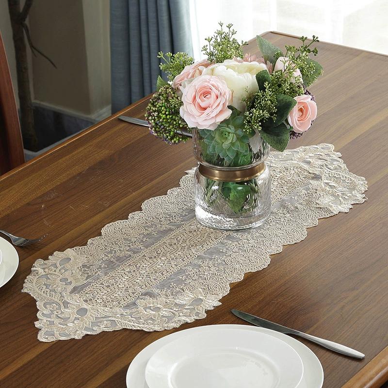 European Lace Dining Table Flag French Style Aesthetic Romantic and Simple Embroidery Fabric Art White Champagne TV Cabinet Tea Table Flag