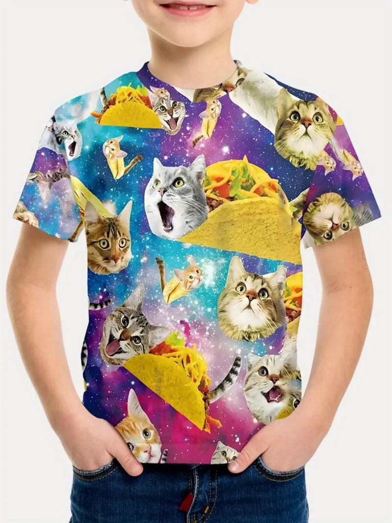 Boy's T-Shirt Cute Cat Taco Pizza Pattern 2025 Summer Short Sleeve Tops Colorful 3D Print Boys Clothes Loose Children's Clothing