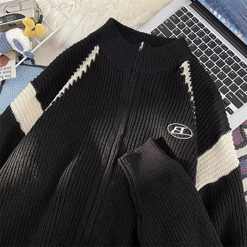 Мужской ретро кардиган-свитер с молнией и цветовыми блоками - Черный/Абрикосовый Large