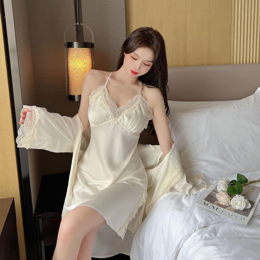 Sexy pajamas women's ice silk thin style with chest pad, lace back suspender nightdress, two-piece set of loungewear can be worn outside