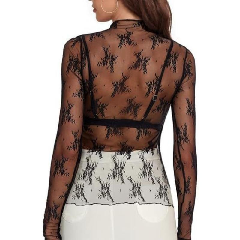 New Lace See Through Sexy Mesh Women Blouse Long Sleeve Tops Transparent Floral Shirt Thin Perspective Lace Shirts Spring Summer Sweet Elegant Blouse