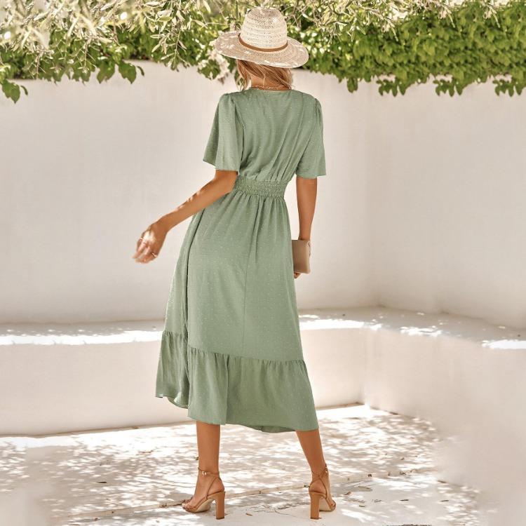 Women Summer Casual V-Neck High Waist A-Line Dress Long Sleeve Lotus Leaf Solid Color Spring Dress S-XL