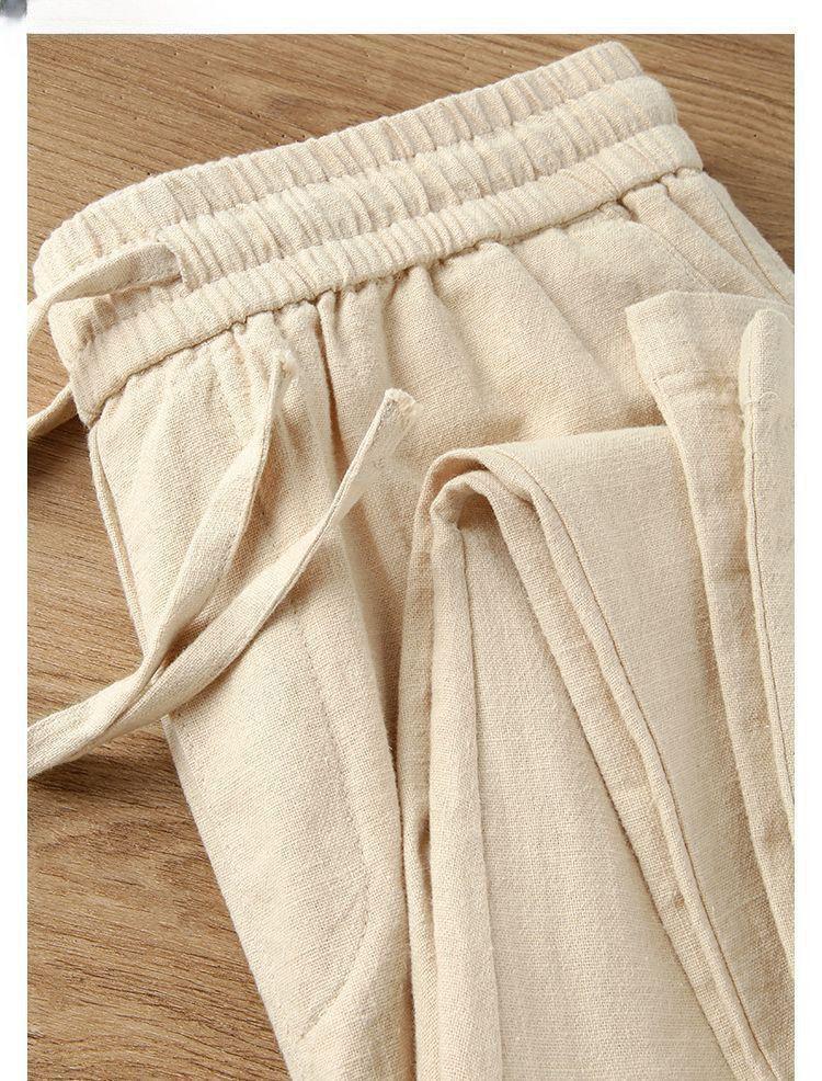 Breathable Cotton-Linen Straight-Leg Casual Pants with Elastic Waist & Pockets