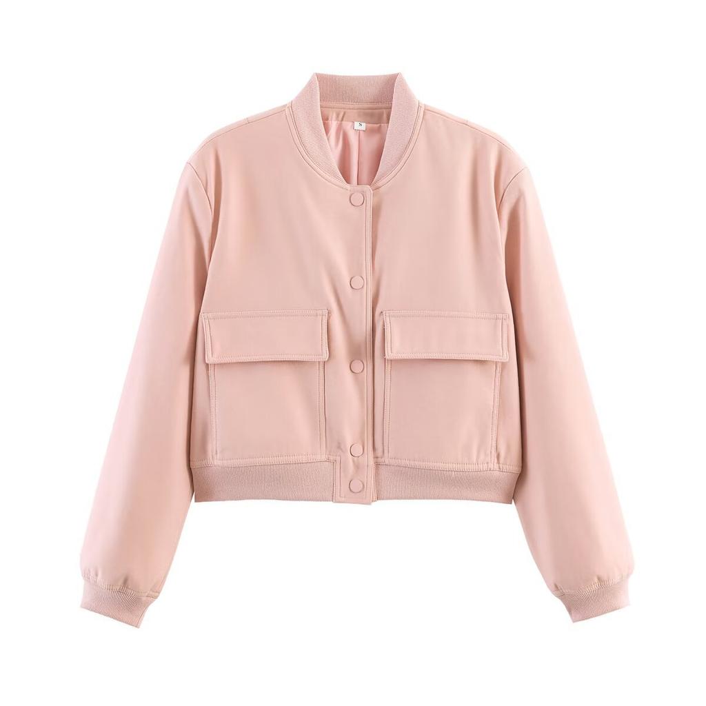 Women's Stand Collar Long Sleeve Cropped Bomber Jacket Loose Fit Casual Streetwear Coat