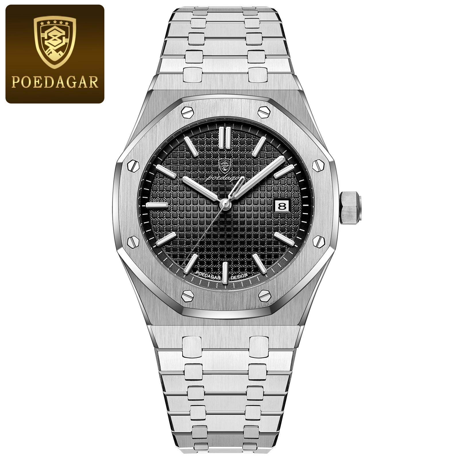 

POEDAGAR Luxury Business Man Wristwatch Waterproof Luminous Date Watch Stainless Steel Fashion Quartz Watches for Men срібний/чорний