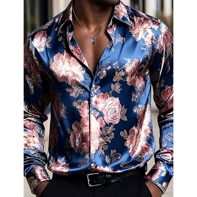 Men's Floral Pattern Rose Shirt, Long Sleeved Retro Vacation Daily Wear, Summer and Spring 3D Printed Shirt