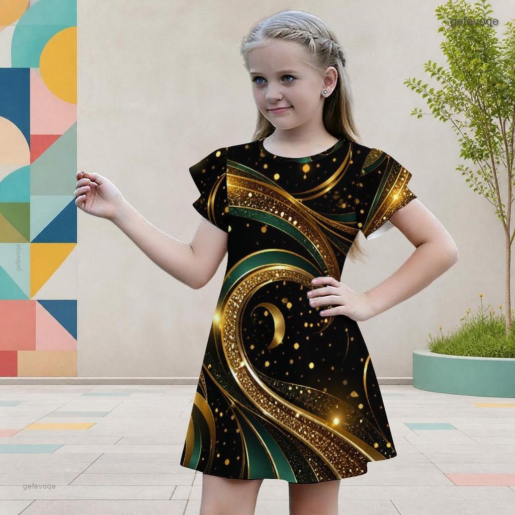 Girls Round Neck Short Flutter Sleeve Mandala Printed A Line Black Dress