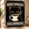 Black Cat With Espresso Personalized D Textured Metal Poster Wall Art Vintage Tin Signs for Living Room Decoration Items Decor