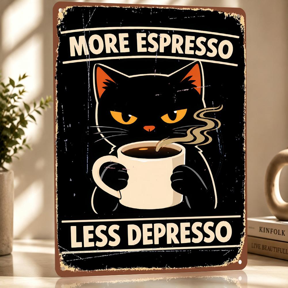Black Cat With Espresso Personalized D Textured Metal Poster Wall Art Vintage Tin Signs for Living Room Decoration Items Decor