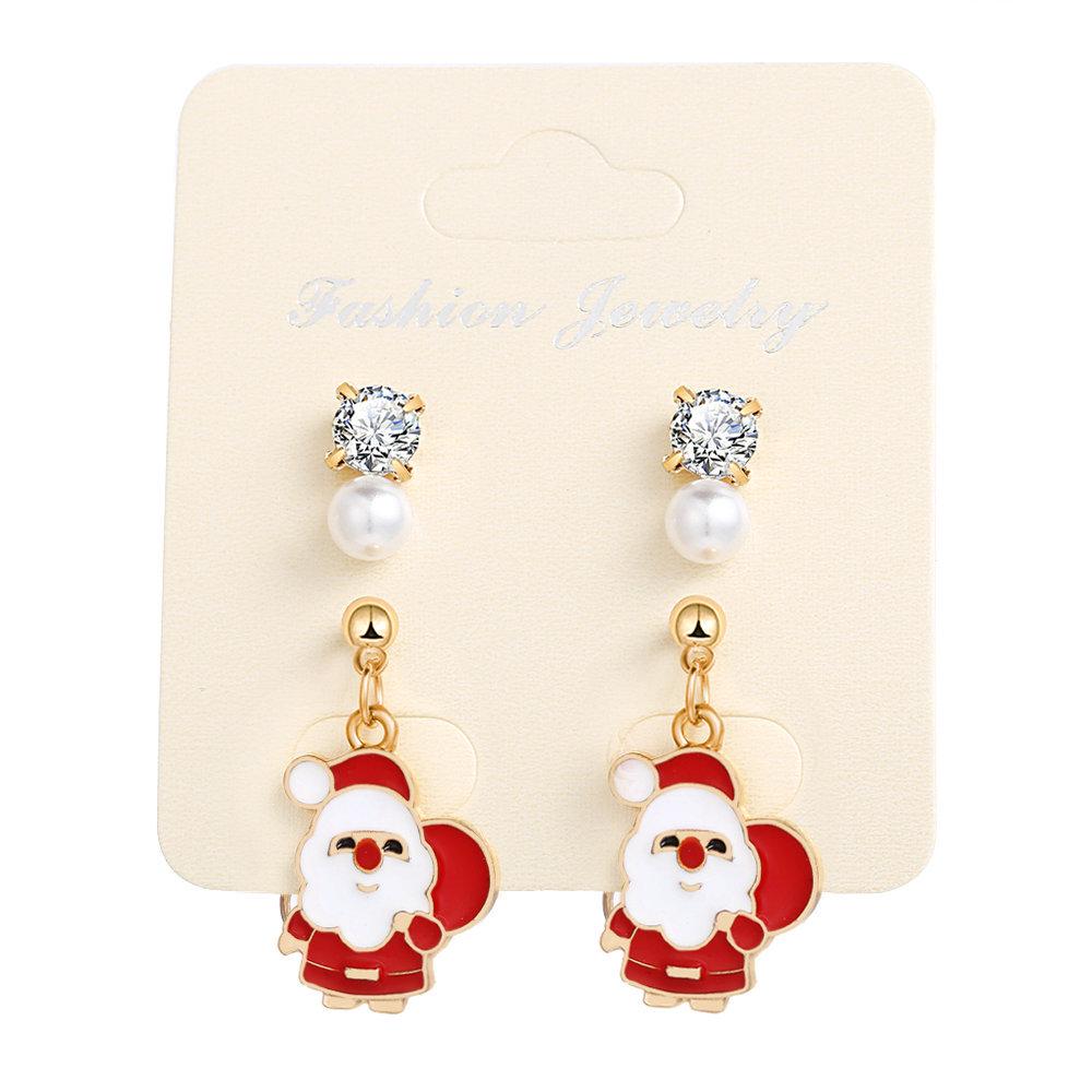 

3Pairs Pearl Earrings Christmas Jewelry Set Santa Pendant Inlaid Zircon Stud European and American Style for Festival Gift Gold #1
