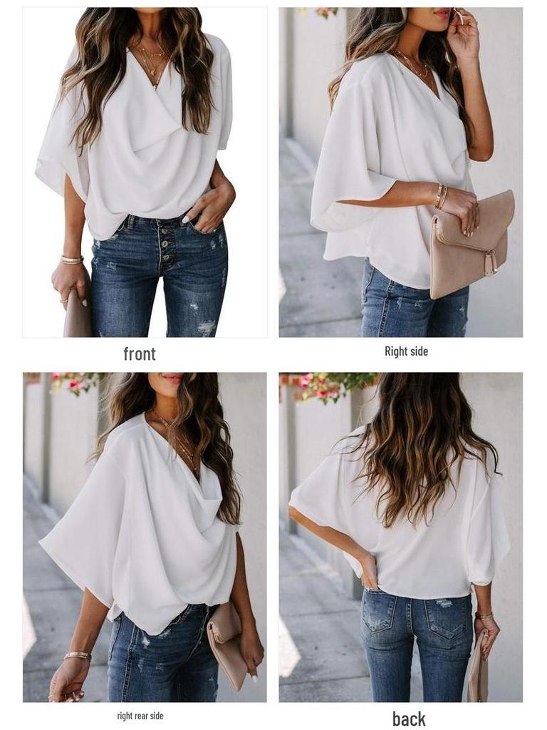 2026 Chiffon V-Neck Loose Casual Top - European & American Style Women's Shirt