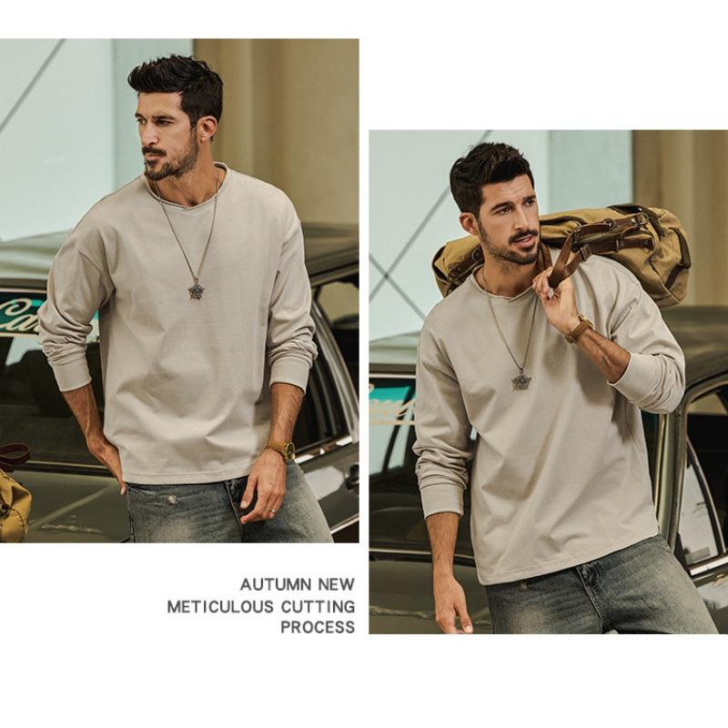 Men 100 Cotton Loose Long Sleeve Round Neck Casual Solid Vintage T Shirt