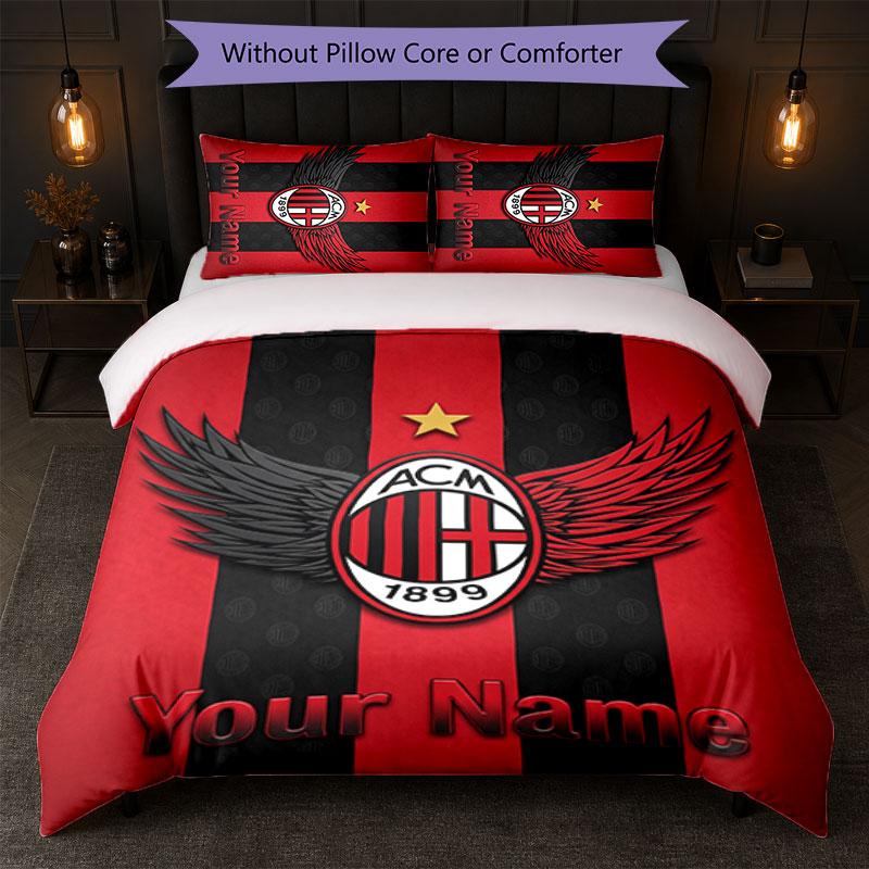 Set Biancheria da Letto Personalizzato AC Milan con Nome Testo 1 Copripiumino+2 Federe Logo Calcio Regalo Personalizzato per Occasioni Speciali Decorazione Camera da Letto
