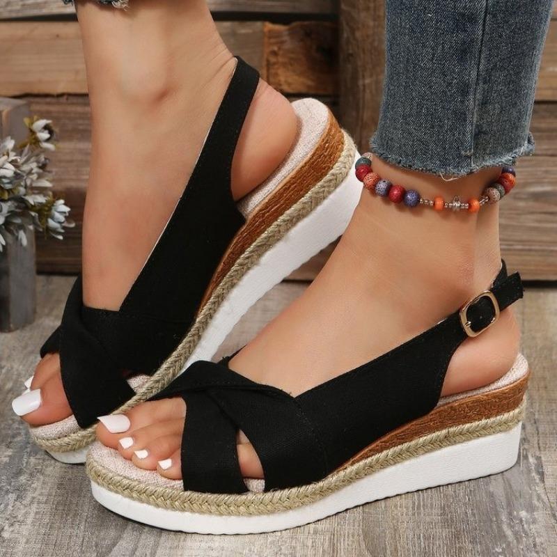 Summer new hemp rope wedge heel sandals women's buckle fish mouth color flat beach sandals women's nals