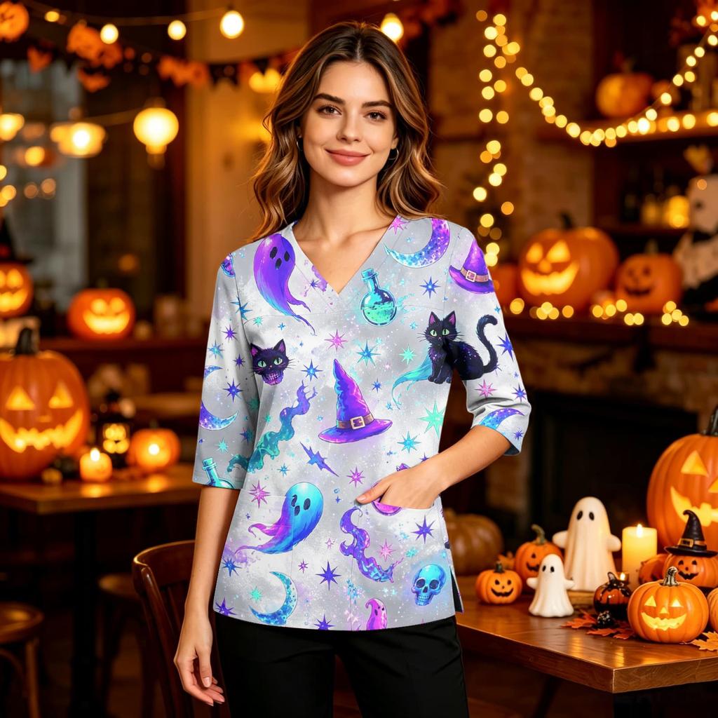 Women's Halloween Costume V-Neck with Pocket Side Slit 3/4 Sleeve Top