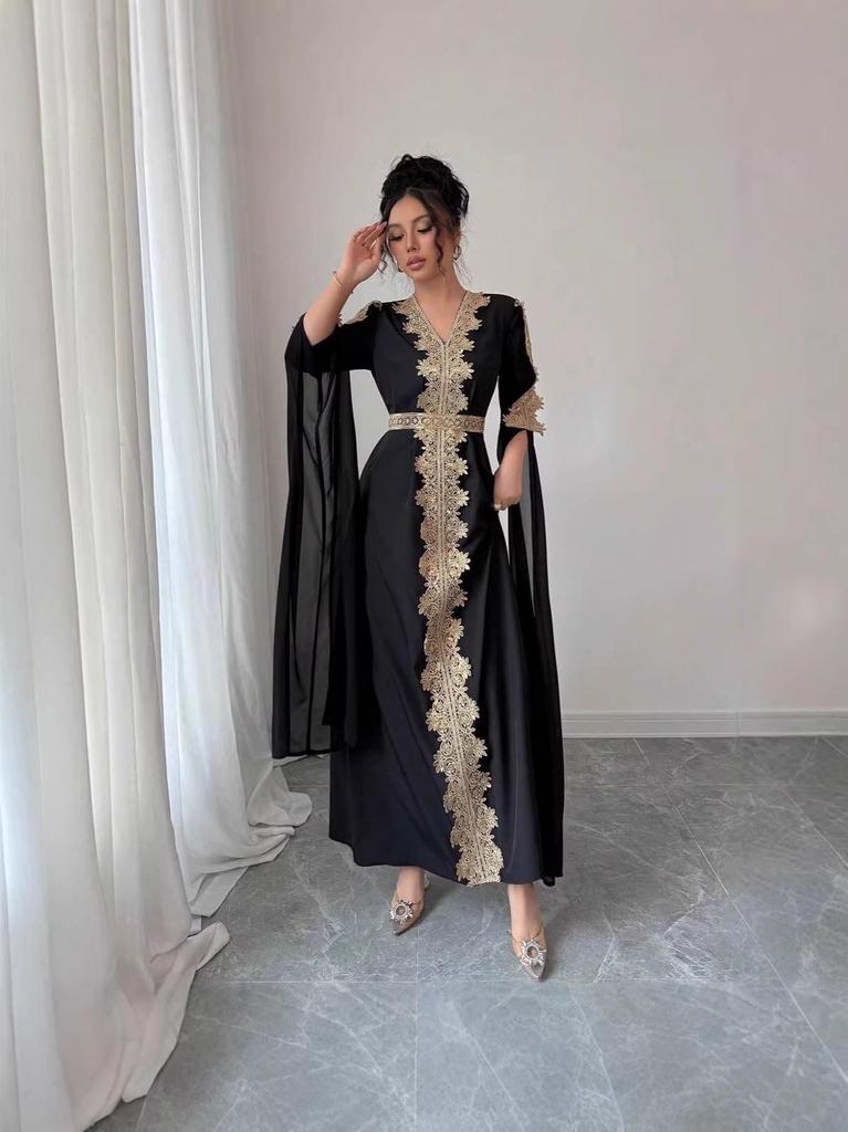 Elegante Abito Formale a Maniche Lunghe Ricamato con Scollo a V