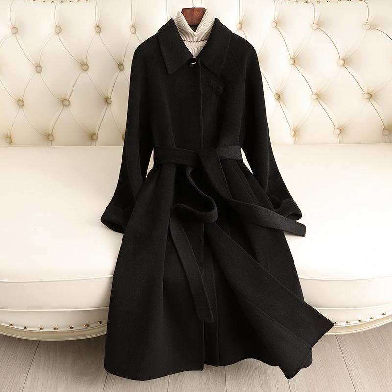 

Двустороннее пальто из вельветовой шерсти женское длинное осенне-зимнее новое приталенное высококачественное шерстяное пальто женское XL（125~145） чёрный