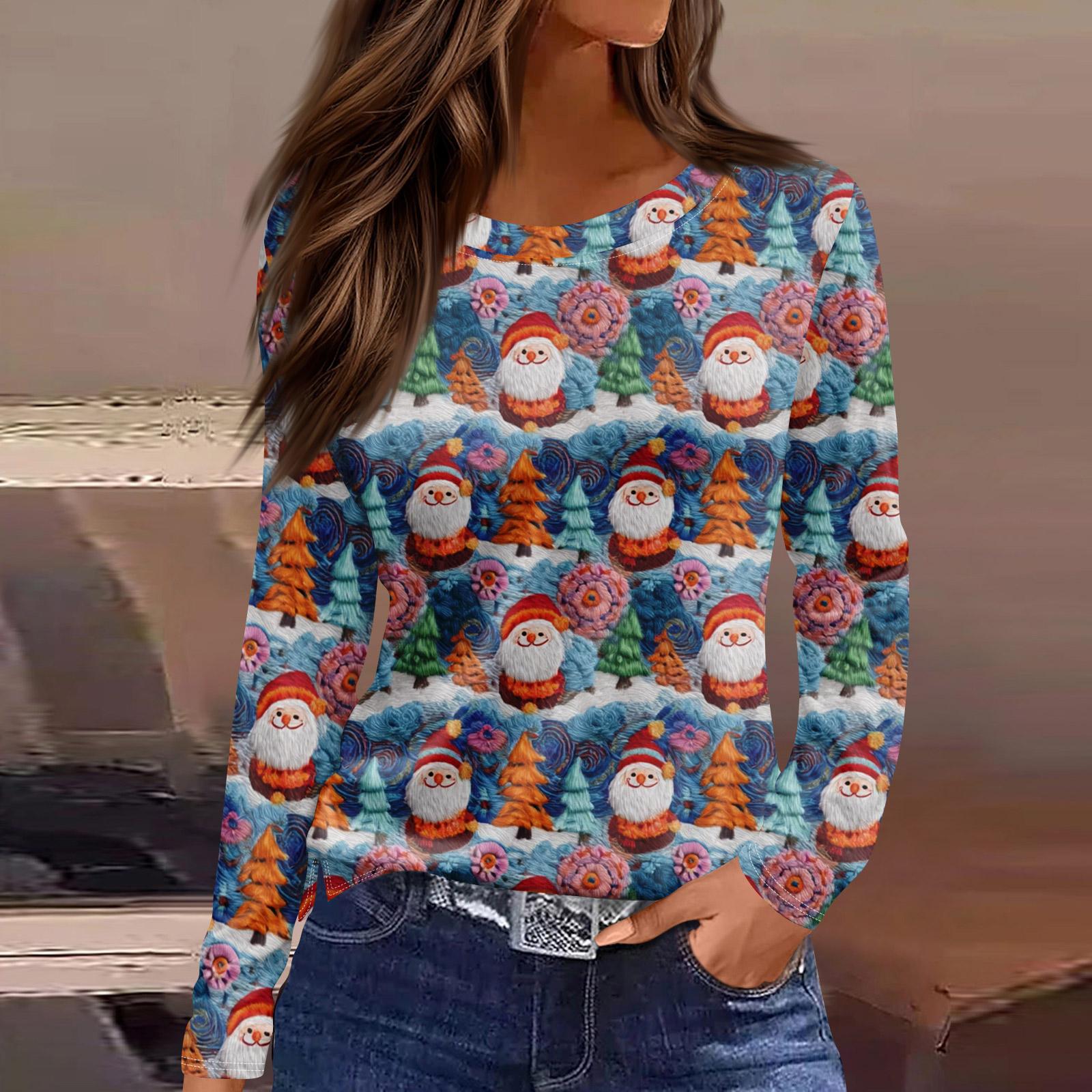 

Женская мода повседневный топ с разрезом по низу и рождественским принтом с круглым вырезом и длинными рукавами L