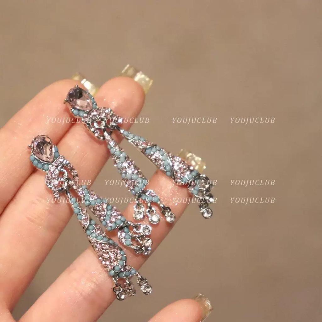 Silver Needle Diamond Crystal Tassel Rhombus Earrings: Luxurious Ethnic Retro Fashion Dangle Jewelry.