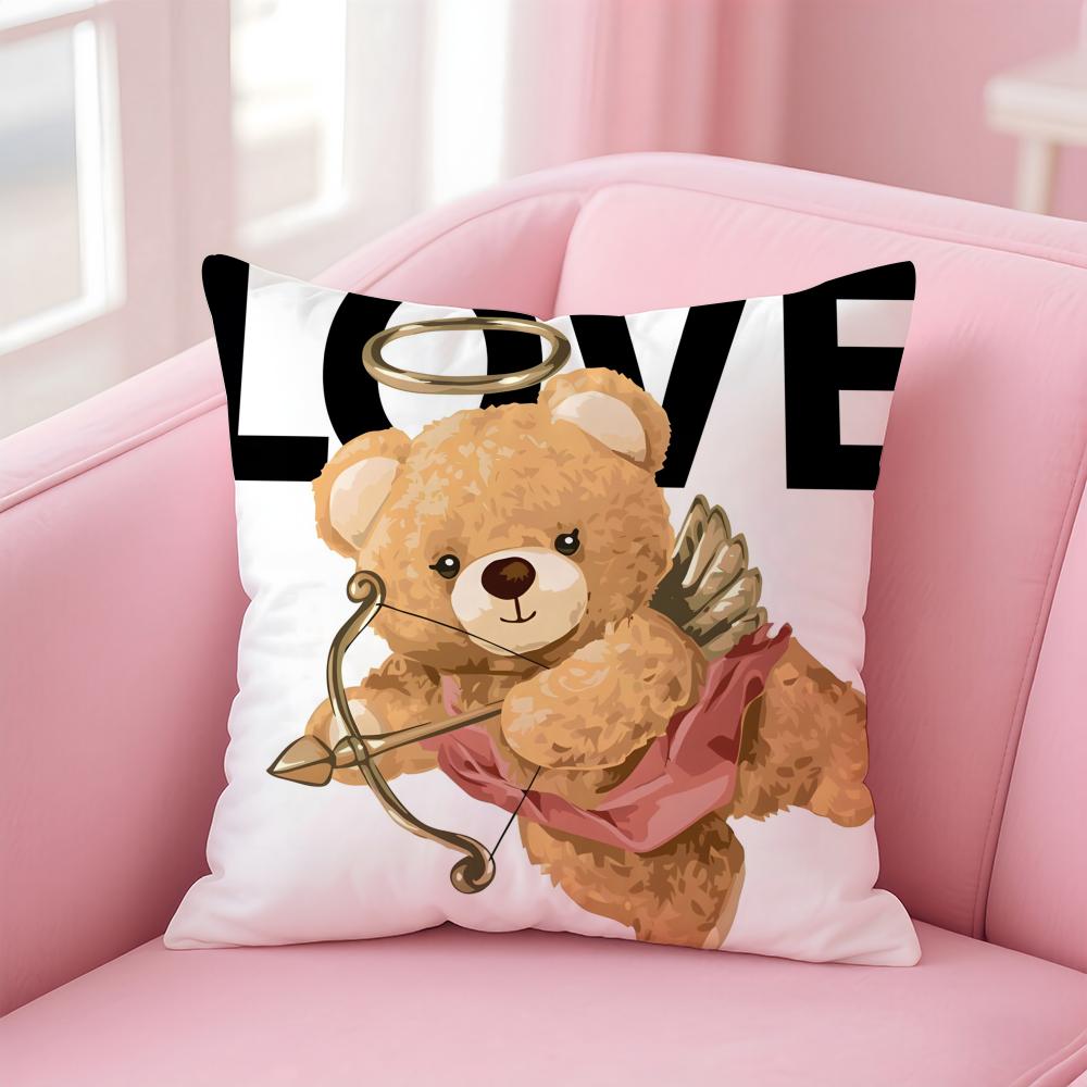 

Love Family Companionship Teddy Bear Cushion Cover Linen Pillowcase Cover Soft Decor for Sofa Home Room 30X30cm