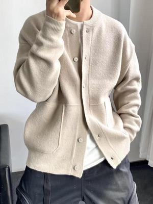 Cardigan Japonais en Laine pour Homme - Style Hong Kong Printemps/Automne, Col Rond, Coupe Ample, Veste Pull Tricot Épais