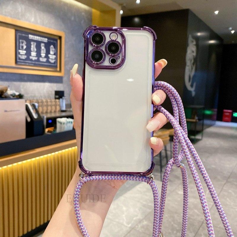 Plating Clear Strap Case For OPPO Realme 13 Pro Plus C55 C53 Reno 12F 12 11F 11 10 8 Crossbody Lanyard Cord 6D Shockproof Cover