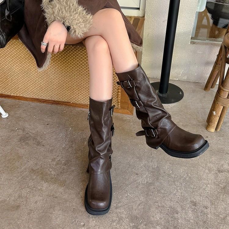 Leather version! Maillard mid-tube Martin boots women's retro British inner height-increasing thick heel pleated stacked pants tube short boots