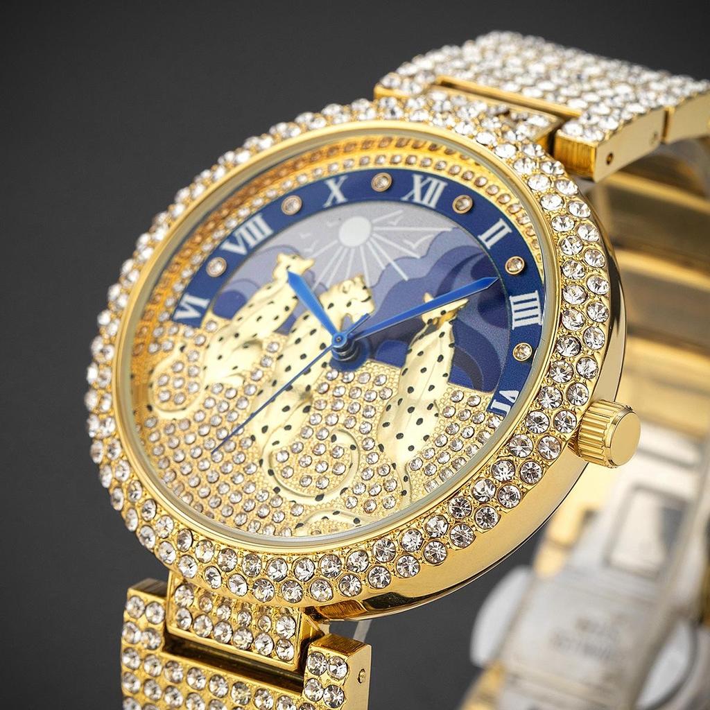 Golden Iced Brilliant Watches Men Luxury Steel Quartz Watch Fashion Leopard Hip Hop Diamond Wrist Watch Man Reloj Hombre