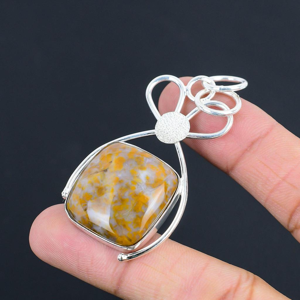 Sterling Silver Cushion Plume Agate Stone Engagement Art Deco Daughter Pendant