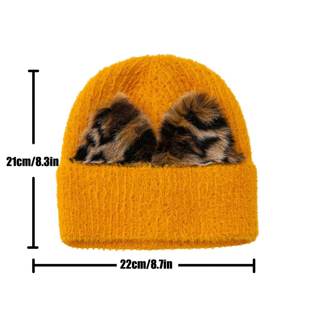 (Projector)Women Knit Slouchy Twists Knitting Chunky Baggy Hat Leopard Print Styled Ears Winter Soft Warm Ski Cap