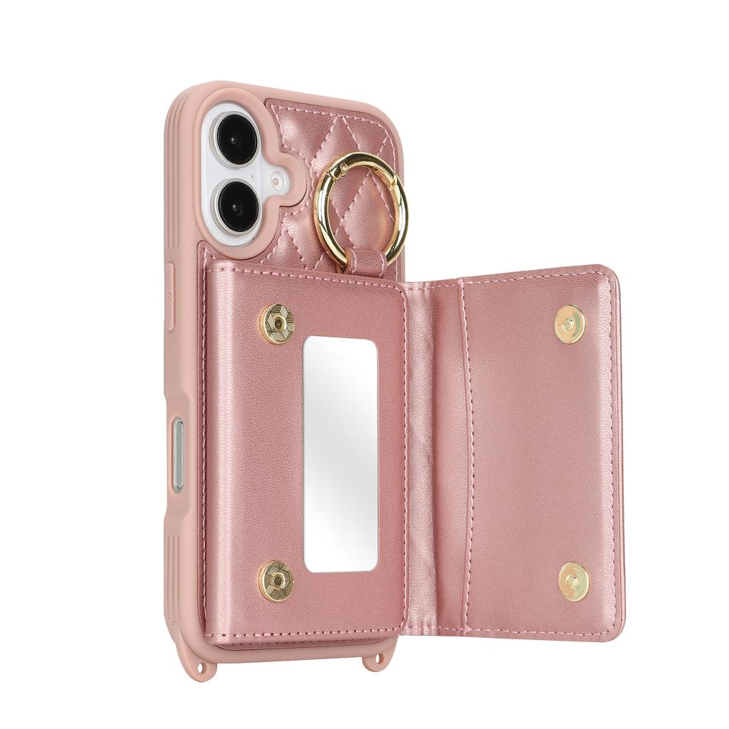 For iPhone 16 Plus Case with Lanyard/Mirror/Card Holder Grids Pattern RFID Blocking Phone Cover