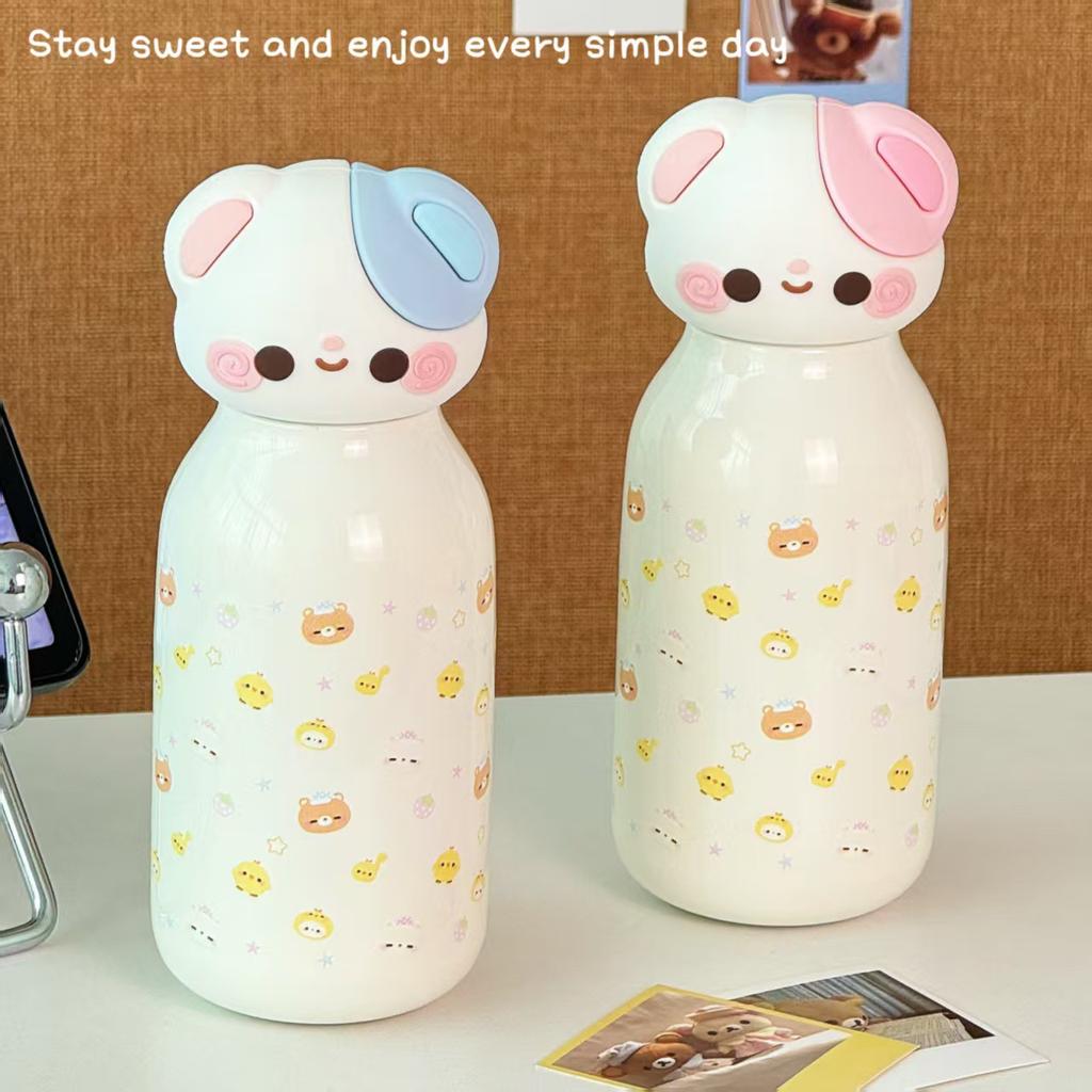 Korean Dopamine Puppy Straw Thermos Cup Sleeping Bear Print Residential School Girls School Portable Straw Cup
