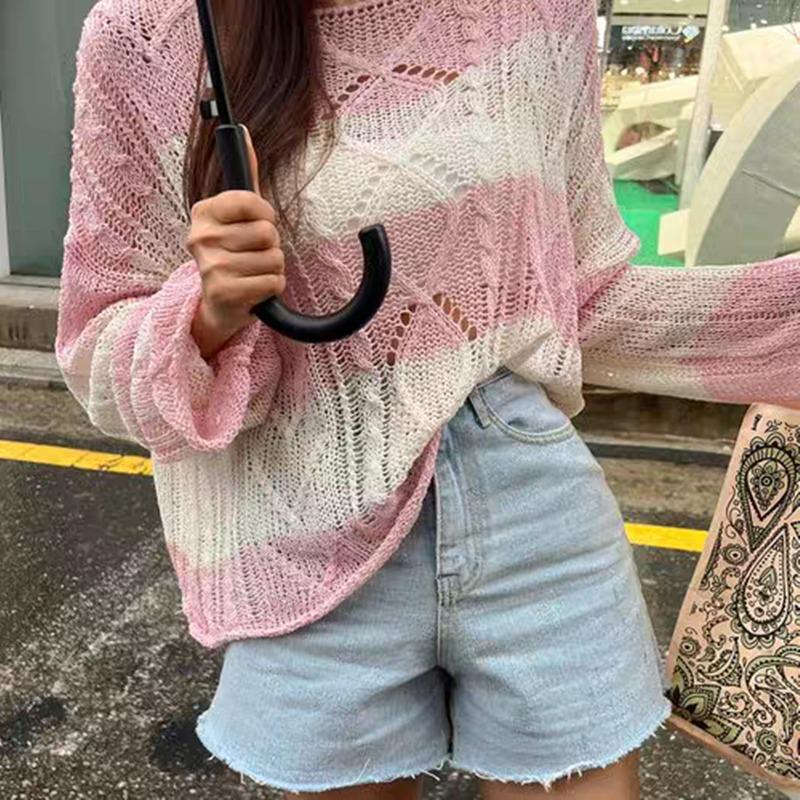 New Casual Twist Long Sleeved Striped Sunscreen Knitted Sweater Korean Style Women Retro Top Thin Hollow Out Loose Blouse O Neck Simple Clothing