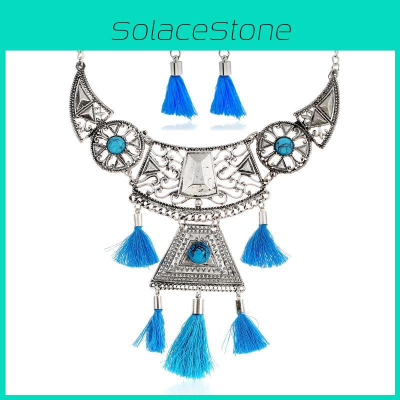 Halskette für Damen im Ethno-Stil mit simulierter Edelstein-Dekoration und Quastendesign für Reisen und als Geschenk