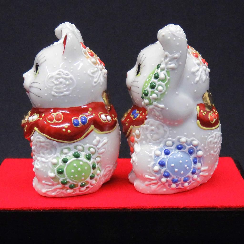 Waza no Kura Maneki-neko Figurines, Kutani Ware, Pair, White, Ceramic, Business Prosperity Item, Feng Shui Goods